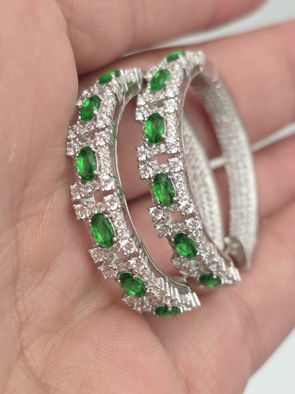 Emerald  Hoop Earrings - Green Crystal Accents Cz 925 Sterling Silver DSMK